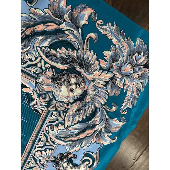 Bob Mackie Designer Angel Print Silk Scarf Square Blue Teal Multi Wrap NWB - Picture 2 of 11